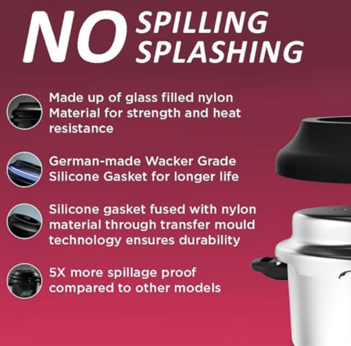 Preethi Stainless Steel Outer Lid 5 Litre Pressure Cooker with Spill Splash Shield For Zero Spill and Zero Splash (Induction Base) - Image 2